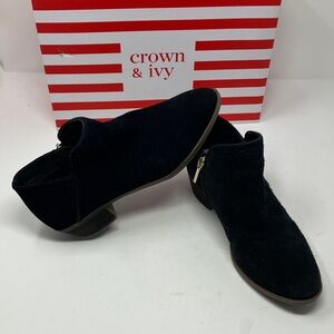 Crown & Ivy Kendall Leathet Suede Black Ankle Booties Block Heel Size 8.5WW